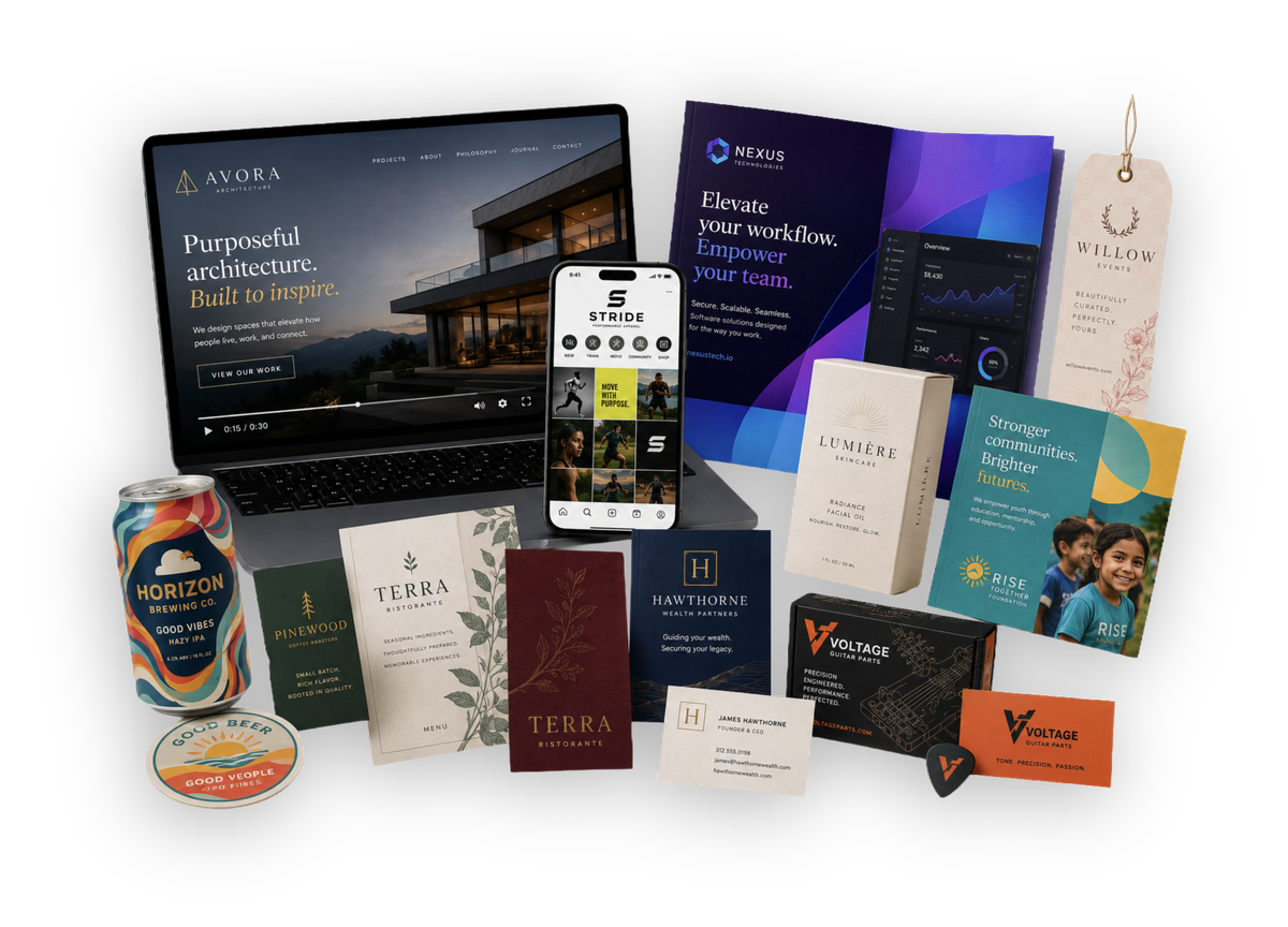 Branding and design work samples including websites, packaging, and print collateral